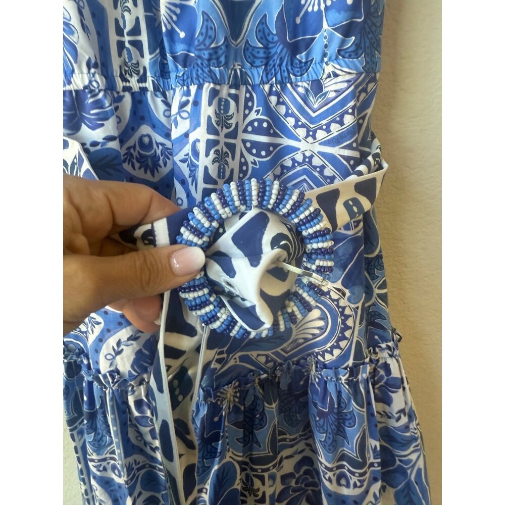 Farm Rio Maxi Blue And White Belted Dress Size L Anthropologie Blue Tile Dream - Picture 7 of 15